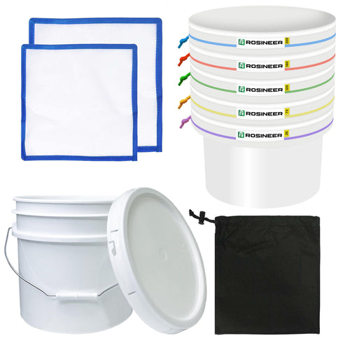 Rosineer 1 Gallon Bubble Hash Bags Set, 5 Mesh Sizes, 2 Pressing Screens, Canvas & Mesh / All Mesh and Bucket Options