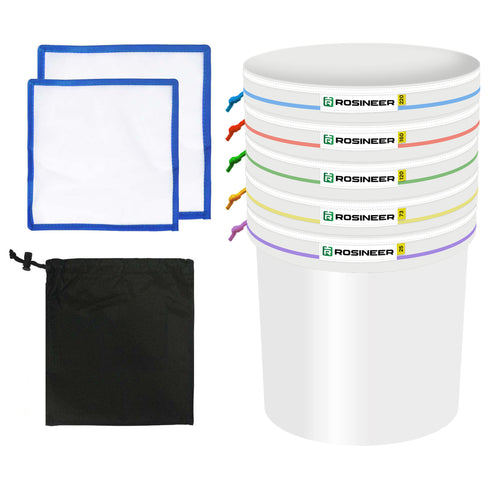 Rosineer 5 Gallon Bubble Hash Bags Set, 5 Mesh Sizes, 2 Pressing Screens, Canvas & Mesh / All Mesh and Bucket Options